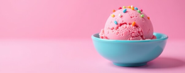 A single scoop of pink ice cream with rainbow sprinkles sits in a small blue bowl on a pink backdrop , dessert, food photography