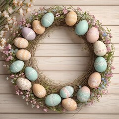 Wooden Easter eggs adorned with delicate floral wreath borders, perfect for spring celebrations, Easter crafts, and festive decorations