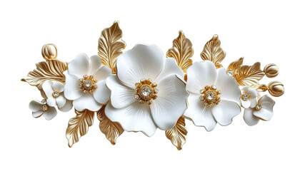 Floral design featuring elegant white flowers with gold accents, suitable for decoration or accessories design, cut out