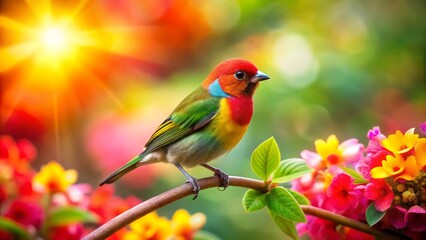 Vibrant Rainbow Bird Perched on a Branch Amidst a Burst of Colorful Blossoms in a Sun-Drenched Garden
