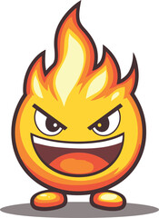 Cute Kawaii cartoon fire emoji character. Funny fire mascot clipart design. Playful blazing flame vector illustration. Angry or happy flame character. Chibi fire character fun and playful flame
