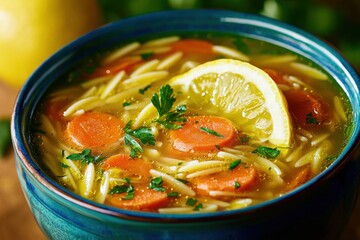 A vibrant bowl of homemade chicken noodle soup with carrots, orzo, and lemon, garnished with fresh parsley and served in a rustic blue bowl, perfect comfort food.