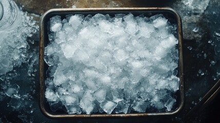 Ice. Vintage tray filled with crushed ice for making cooling drinks or food. Close-up, top view.