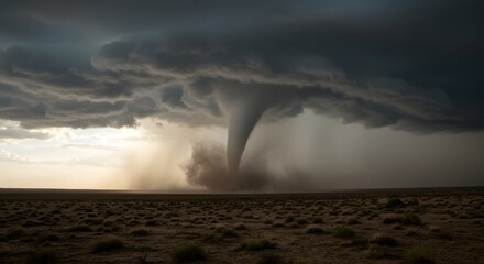 Powerful Twister Spinning Under a Stormy Sky in the Open Plains