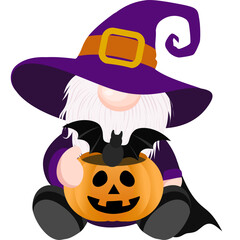 Adorable Halloween gnome holding a pumpkin lantern with a bat. Dressed in a purple witch hat and cape, perfect for seasonal prints, crafts, and party invitations.