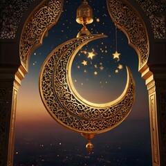Islamic blue blank minimalist wallpaper, crescent big size in the middle, shining in gold , Ramadan the holy month, warm ambience, blessing