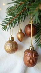 Fototapeta premium White plaid fabric with gilded walnut and acorn ornaments hung from a fir branch, gilded, holiday