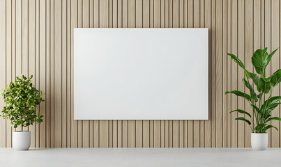 Modern Minimalist Interior with Empty Frame and Green Plants