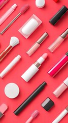 Fototapeta premium Colorful cosmetics arranged on red background; beauty flatlay for website or magazine