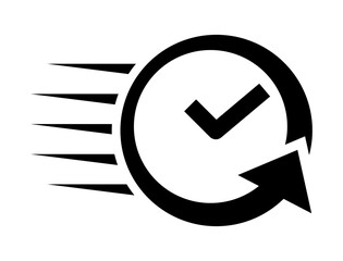 line icon of a clock with a checkmark inside motion lines on the left and a circular arrow symbolizing fast service on-time delivery efficiency or quick turnaround.