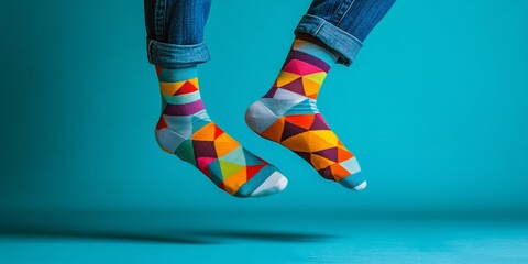Colorful Socks Floating Against Teal Background