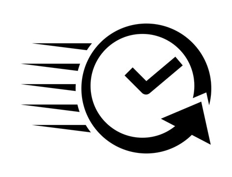 line icon of a clock with a checkmark inside motion lines on the left and a circular arrow symbolizing fast service on-time delivery efficiency or quick turnaround.