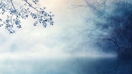 An ethereal blue landscape featuring foliage over calm reflective water