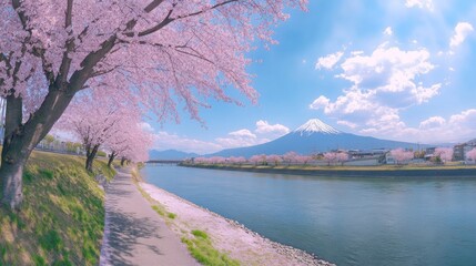 Spring Cherry Blossoms River Path with Mt. Fuji