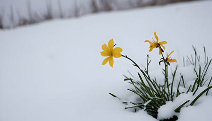 Yellow flowers bloom through the snow on a cold winter day