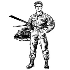 Obraz premium Vector engraved illustration depicting a military pilot standing confidently in front of a helicopter for product design purposes