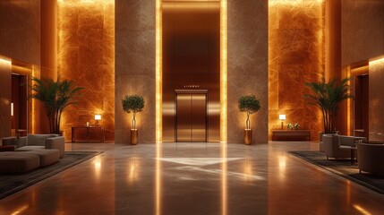 Luxurious hotel lobby with elevator, plants, and modern furniture