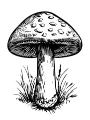Engraved vector illustration of a mushroom design with detailed texture and natural surroundings for product applications