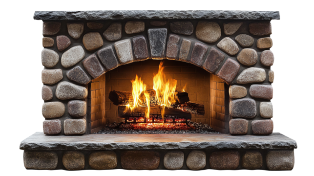 Cozy brick and stone fireplace isolated on transparent background, perfect for architectural designs and home decor projects, showcasing a rustic and warm ambiance ideal for winter-themed concepts.