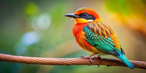 Obraz premium Vibrant avian perched on a branch, showcasing iridescent plumage in a lush natural setting