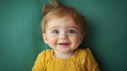 Naklejka premium A toddler with big blue eyes beams with joy on a vivid green background. The child wears a cheerful yellow outfit and enjoys a playful moment, showcasing pure happiness