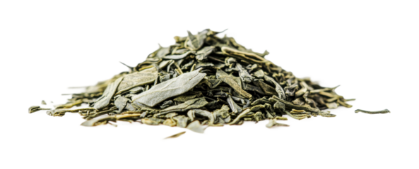 Green tea leaves pile, symbolizing health and wellness benefits, perfect for culinary creations or herbal remedies, cut out