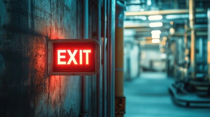 A glowing red exit sign hangs on a textured industrial wall