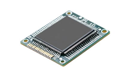 High-resolution png image of a single computer chip on a transparent background for technology, electronics, and circuit board design projects.
