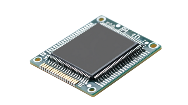 High-resolution png image of a single computer chip on a transparent background for technology, electronics, and circuit board design projects.