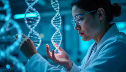 A woman in a lab coat is holding a strand of DNA. She is wearing safety glasses and she is focused on her work