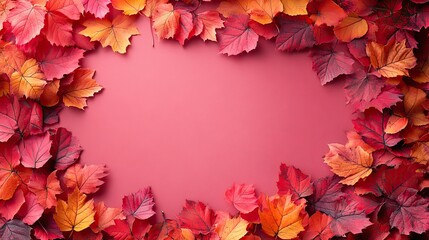 Obraz premium Scattered colorful red, orange, and yellow fall maple leaves banner background. Colors of gold autumn, seasonal decoration concept, simple holiday design, flat lay.