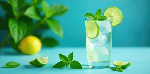 Fresh mint leaves on a blue table with an ice-filled glass and lime wedges, citrus, Mint, table