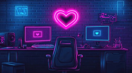 Neon Cyberpunk Gaming Room with Pink Heart Decoration and Desk Setup
