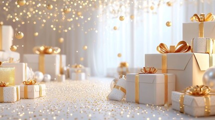 Luxurious gift background with elegantly wrapped presents in a festive setting for celebration and decoration