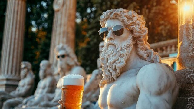 Statue of Poseidon enjoying a cold beer at sunset