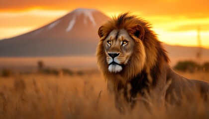 Majestic Lion Portrait with Sunset Mountain Backdrop in Golden Field
