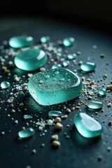 Glass shards and dust accumulating on a dark floor, dirty surface, fragmented glass, debris accumulation