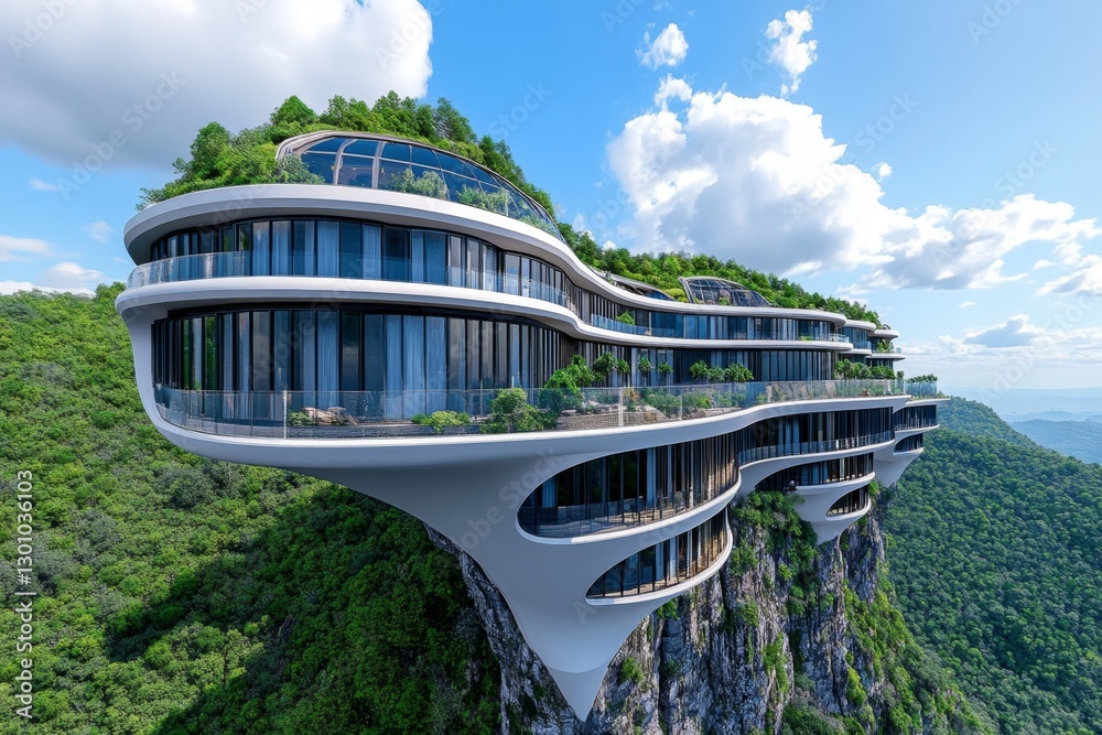 Poster A futuristic city built with advanced anti-landslide technology, using force fields to stabilize mountains