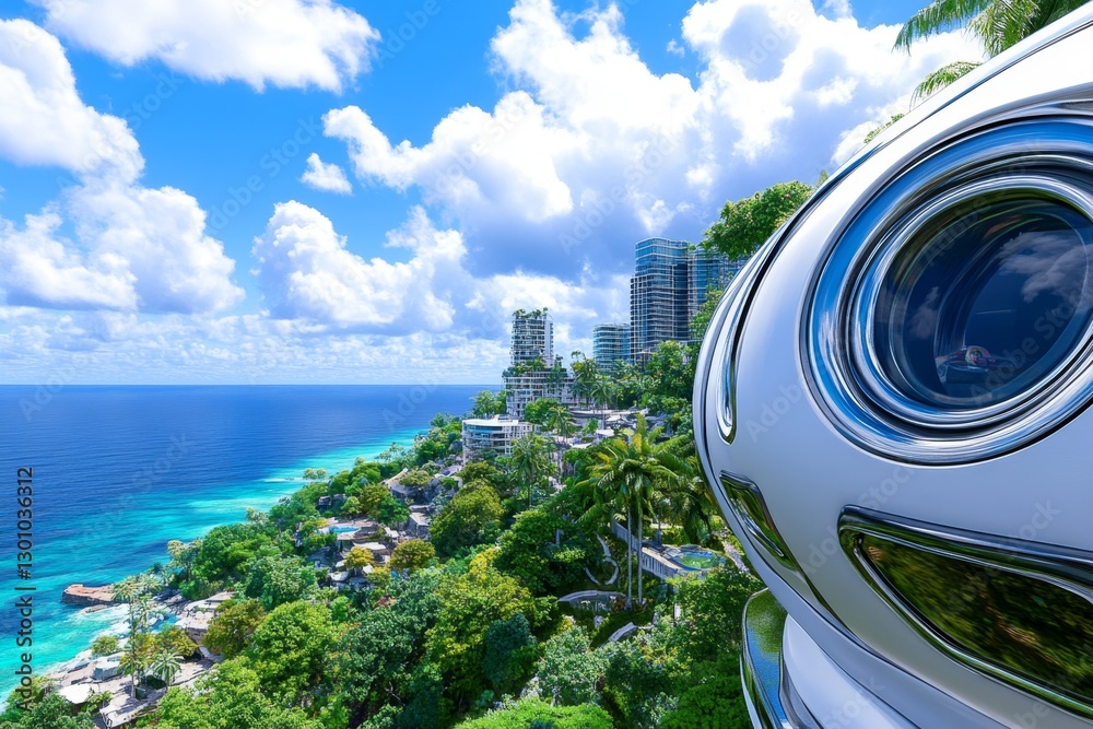 Poster a futuristic city protected by an advanced weather shield, preventing hurricanes from forming