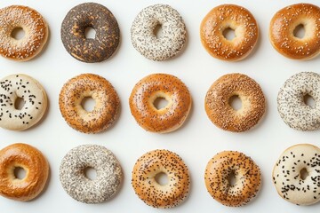 Golden bagels pattern on white background. AI generated