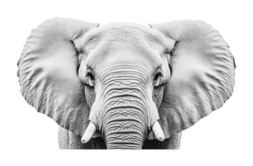 Captivating detail of an elephant’s expressive face showcasing majestic features and textures in black and white monochrome style for wildlife lovers, cut out