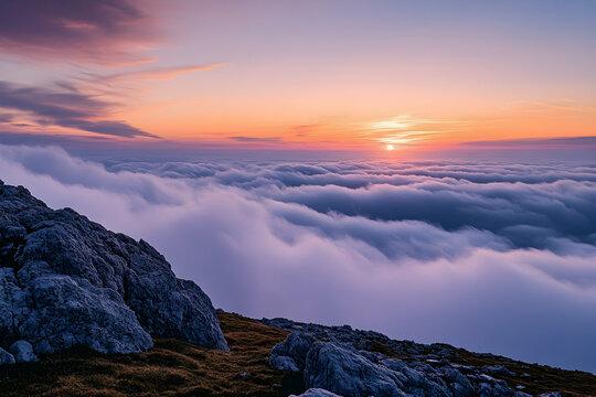 Majestic sunset casts vibrant hues over cloud-covered valley from a mountain peak at dusk