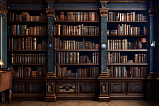Old books library shelves with books. Whole row of old books in a library. 