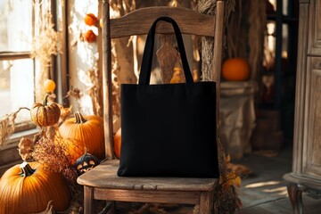 Black tote bag with pumpkins on wooden chair. AI generated