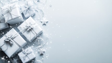 Elegant holiday gift background with diagonal arrangement of luxurious silver wrapped presents and sparkling decorations for festive design