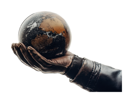 A hand wearing a leather glove holds a globe depicting Earth, representing the importance of environmental stewardship and global responsibility, cut out