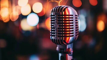 Vintage microphone with glowing sound wave symbolizing voice technology, set against dark background with copy space. Concept of audio innovation and communication.