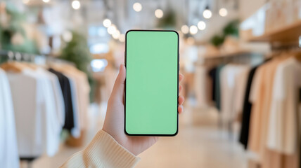 person holding smartphone with blank green screen in clothing store, showcasing modern retail environment. background features clothing racks and soft lighting, creating shopping atmosphere