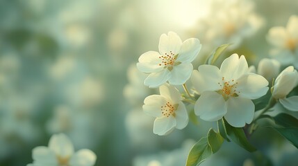 Obraz premium Selective focus on a flowering cherry tree branch with many white flowers on a blurred green background.