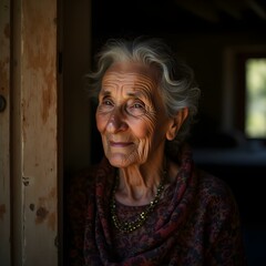 Old family Spanish portrait, candid image, vintage effect, short very old Spanish woman, typical Spanish grandma clothing, in her house, in the middle of a Spanish Mediterranean countryside documental